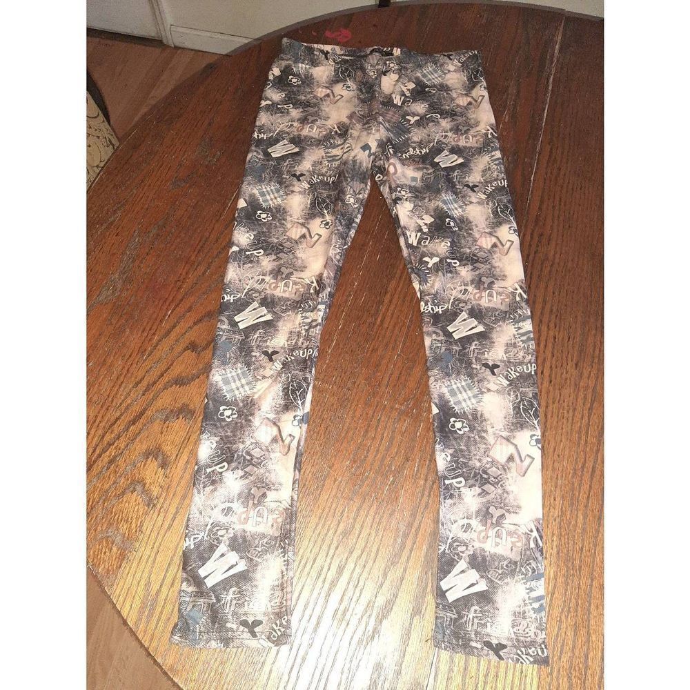 One Size 4-12 Patchwork Graffiti Tan Brown Grey Athletic Casual Leggings